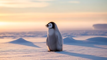 Cute emperor penguin chick standing on snowy landscape at beautiful sunset
