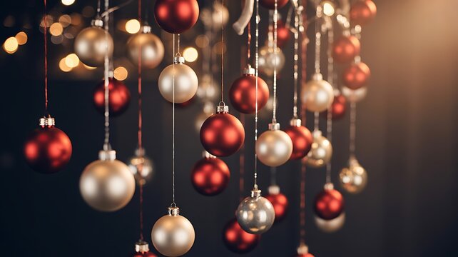 Elegant gold and red Christmas baubles hanging with lights for festive holiday season greetings card