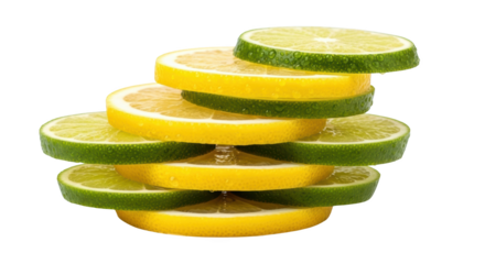 Modern fresh lemon and lime slices stacked with water droplets still life photo highlighting lemon, lime, citrus ideal for branding or digital marketing content