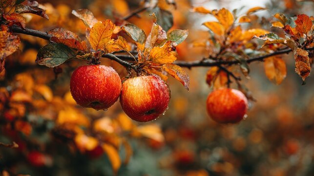 Ripe red s hang from a tree branch amidst golden leaves in a vibrant autumn orchard, showcasing the beauty of the fall harvest season's bounty and color.