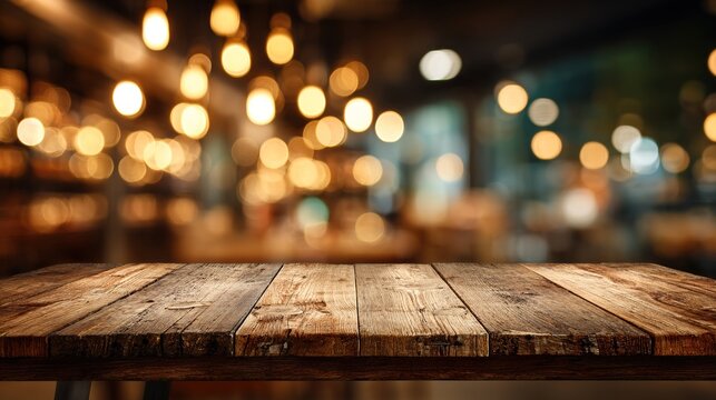 Empty wooden table top with blurred golden bokeh lights in the background of a cozy cafe restaurant, dark atmospheric setting perfect for showcasing food, drink, or product presentations in warm, invi