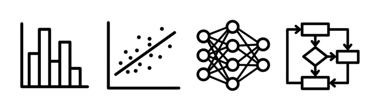 Data science, machine learning, and ai algorithm process icons