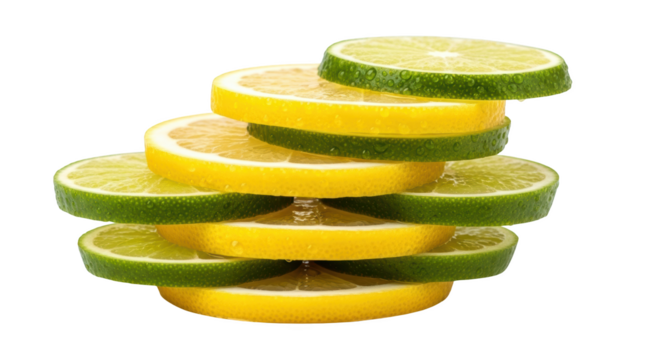 Modern fresh lemon and lime slices stacked with water droplets still life photo highlighting lemon, lime, citrus ideal for branding or digital marketing content
