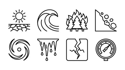 Environmental risks and natural disasters outline vector icon set