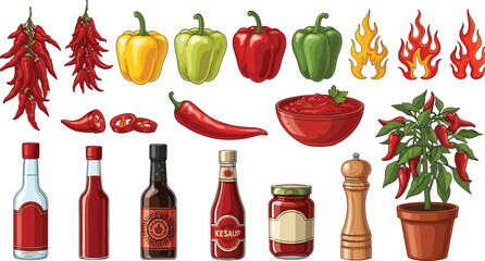 Chili pepper and sauce icon set, spicy condiment variation collection, food graphics, black white vector, cad drawing flat vector illustration