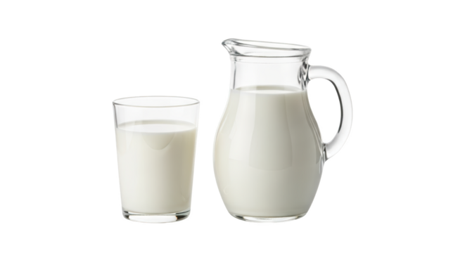 Fresh Milk in Glass Pitcher and Tumbler product photography featuring milk, dairy, drink isolated on white background for stock content use
