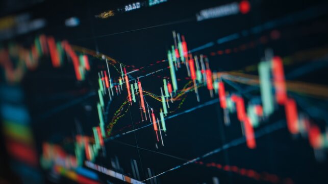 Stock market analysis graphic showing fluctuating candlestick chart with colorful lines and data indicators on dark background for financial insights
