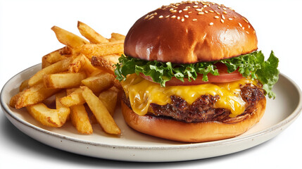 Delicious beef burger with crunchy fries comfort food