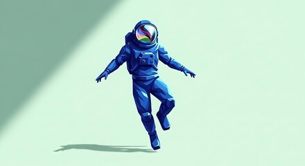 Blue geometric astronaut floating with colorful visor reflection