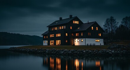 Obraz premium Ultra-modern Scandinavian manor house at dusk, dark stained wood and white plaster facade, warm interior lighting glowing from within