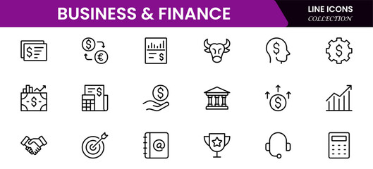Business and Finance line icons collection. Big UI icon set in a flat design. Thin outline icons pack. Vector illustration