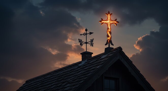 Upside-Down Cross Weathervane Realistic shot of the roof peak of a traditional house, the weathervane is twisted into an upside-down