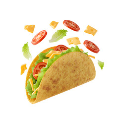 Fresh Taco with Lettuce Tomato Cheese and Black Olive Sauce on White Background