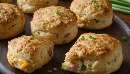 Fototapeta premium plate bacon and cheddar scones with green onions