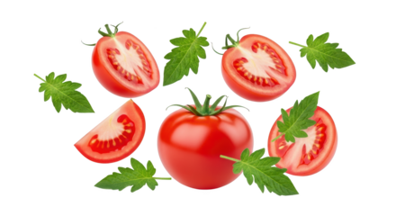 Creative fresh red tomatoes with green leaves whole and sliced presentation showing tomato, tomatoes, red concept suitable for advertising or e-commerce design