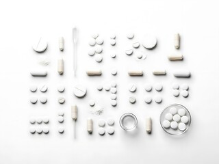 Assortment of white and beige pills, capsules, and medical tools organized on a clean white background. Pharmaceutical flat lay.