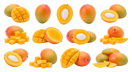 Modern fresh ripe mangoes on white still life photo highlighting mango, fruit, tropical ideal for branding or digital marketing content