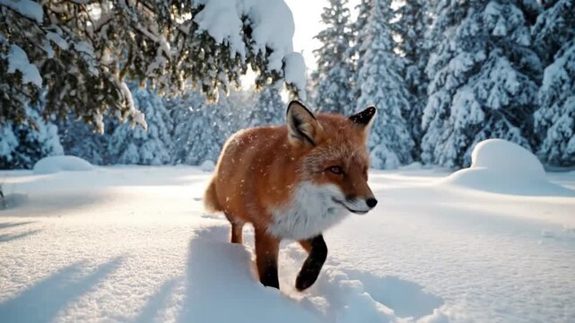 Wide panoramic view of a tranquil, snow covered winter forest, featuring towering fir and pine trees under a soft, diffused light, evoking vastness and solitude.