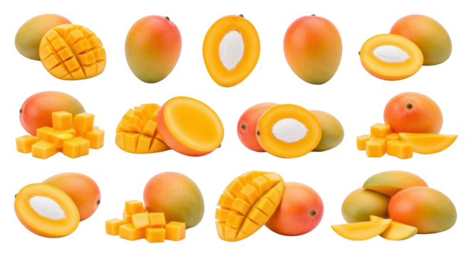Modern fresh ripe mangoes on white still life photo highlighting mango, fruit, tropical ideal for branding or digital marketing content