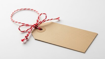 Blank brown paper tag with red and white twine bow.
