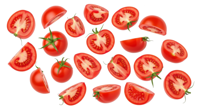Fresh Ripe Red Tomatoes Sliced and Whole minimalist composition with tomato, tomatoes, red for professional product catalog or stock marketplace use