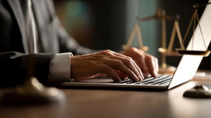Lawyer working on laptop, legal professional typing documents in office.