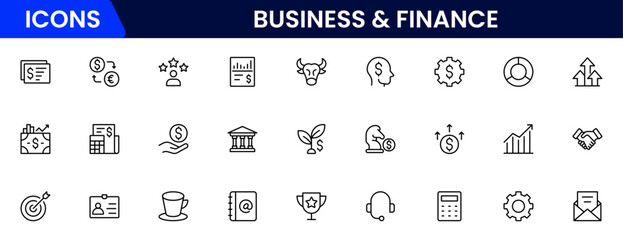 Business and Finance line icons collection. Big UI icon set in a flat design. Thin outline icons pack. Vector illustration