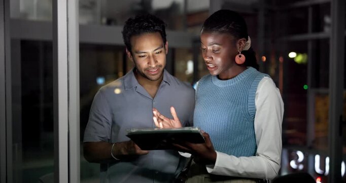 Creative, people and tablet in office at night for research, review headline and story submission. Team, talking and digital for editor feedback, proofreading article and working late for publication