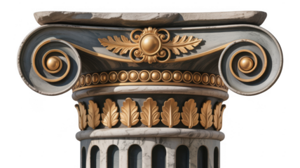 Ornate Ionic column capital with gold acanthus leaves and volutes isolated on a transparent background