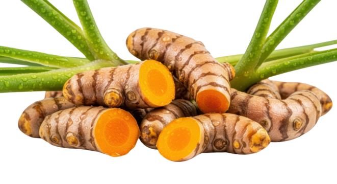 High quality fresh turmeric roots with greenery mockup or design concept with turmeric, root, spice in studio lighting setup