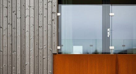 Texture study of a Scandinavian home exterior rough-sawn vertical timber siding, clear glass balustrade, and cor-ten steel planter box