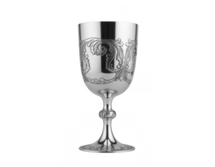 Ornate silver goblet with intricate scrollwork engraving and decorative stem isolated on a transparent background