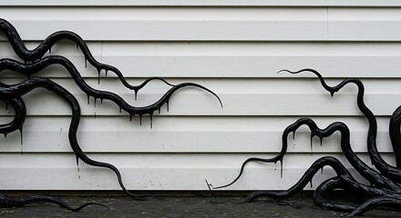 Tendrils on Siding Realistic detail shot of white vinyl siding, where thick, pulsating black demonic tendrils are creeping up the wall from the ground