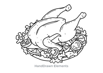 A black and white illustration of a roasted chicken on a platter with garnishes.