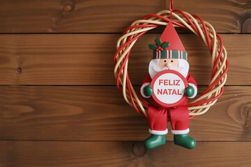 Festive holiday cheer with this charming Santa wreath wishing Feliz Natal on a rustic wood backdrop
