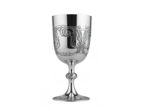 Ornate silver goblet with intricate scrollwork engraving and decorative stem isolated on a transparent background