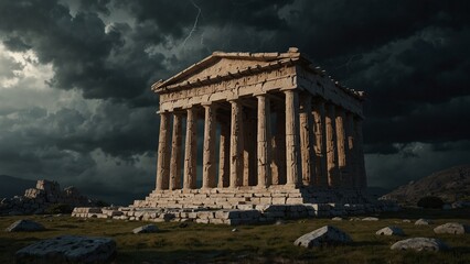 Obraz premium High-detail AI illustration featuring a large stone building sitting on top of a lush green field