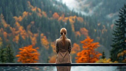 A woman stands and looks out at a beautiful autumn forest landscape in the rain. The trees are a mix of green and orange, and the sky is overcast.