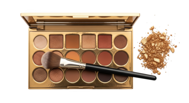 Modern golden eyeshadow palette with makeup brush and shimmering powder still life photo highlighting makeup, beauty, cosmetics ideal for branding or digital marketing content