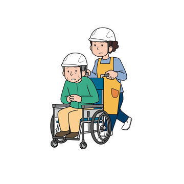 車椅子の高齢者を避難誘導する様子