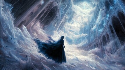 A woman stands in a surreal cloudscape, surrounded by gothic architecture and bathed in dramatic, ethereal light.