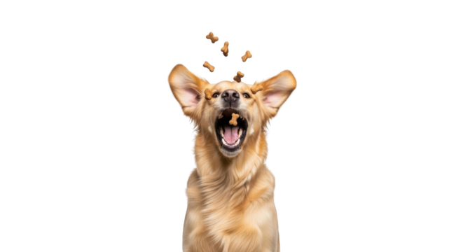 Modern golden retriever dog catching treats midair still life photo highlighting dog, golden retriever, puppy ideal for branding or digital marketing content