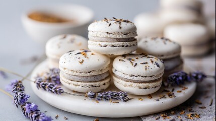 Elegant Lavender Macarons with Decorative Lavender Sprigs on Marble Platter in Soft Light Setting for Gourmet Dessert Presentation