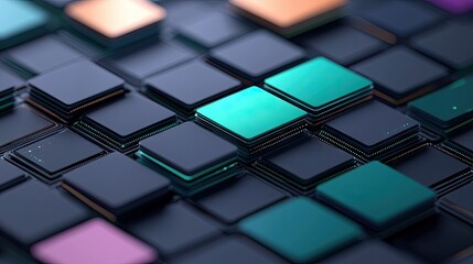 Abstract image featuring a 3D composition of square cubes in various colors and depth, creating a futuristic and technological feel.