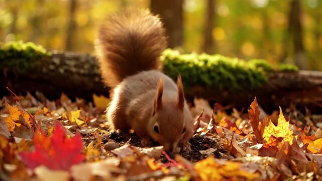 Dynamic footage capturing the swift, acrobatic movements of a squirrel as it leaps between tree branches and navigates a dense woodland canopy with remarkable agility.