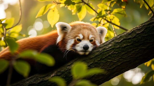 Cute red panda resting peacefully on a tree branch in a sunlit forest