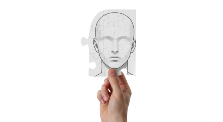 Stylish hand completing human head puzzle for identity and mind flat lay scene highlighting hand, puzzle, piece perfect for catalog template or visual brand identity design