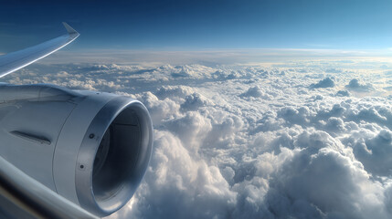 Aircraft engine and sky clouds from passenger window