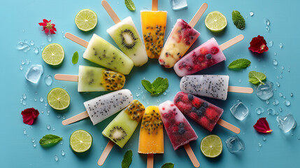 Assorted frozen popsicles in refreshing summer layout