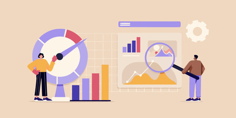 Data analysis and business performance review with charts and graphs illustration